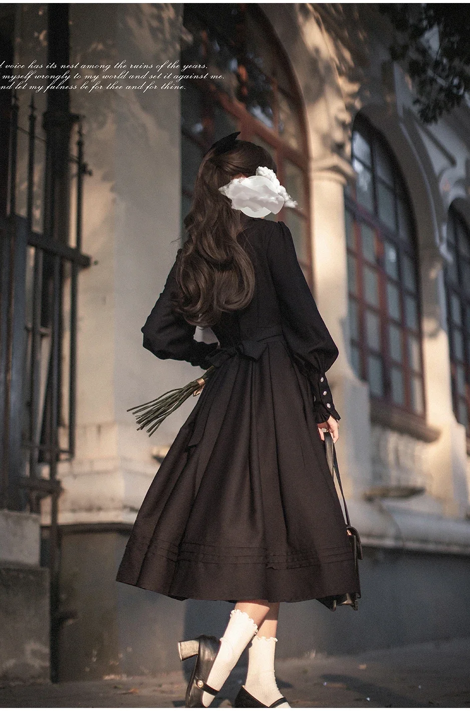 Japonês retro elegante babados gola boneca manga longa cintura alta bordado rendas magro a linha lolita vestido longo feminino primavera