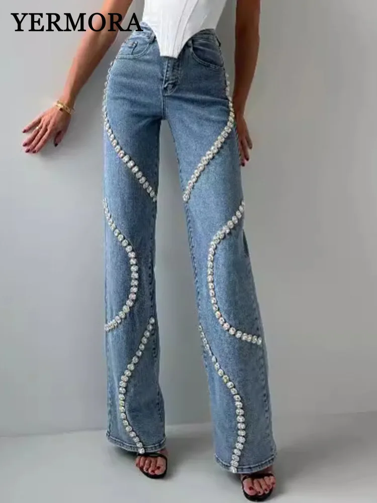 

YERMORA Women High Waist Blue Rhinestone Pocket Casual Jeans Fashion Tide New Womon's Denim Trousers Spring Autumn 2025 A678