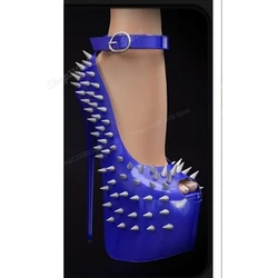 Dark Blue Patent Leather Round Rivets Pumps Peep Toe Platform Sexy Stiletto High Heel Women Shoes 2024 Zapatos Para Mujere