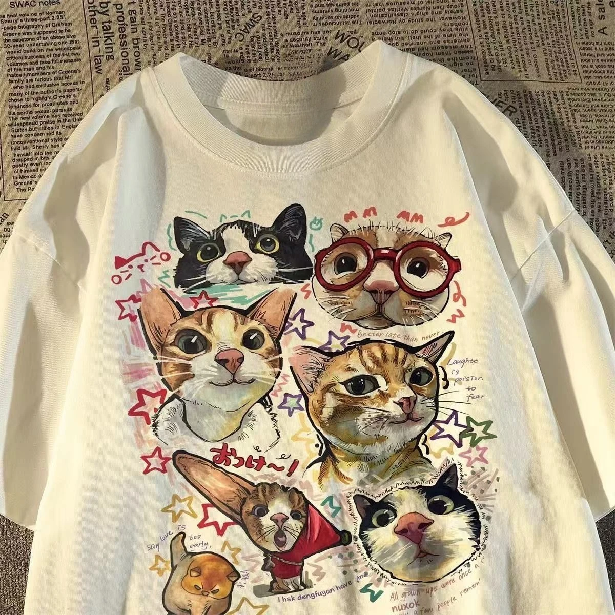 2026 New Street Art Cartoon Cat Collection Printed Plus Size Men's and Women's Cotton Short Sleeve Loose Crew Neck T-Shirts