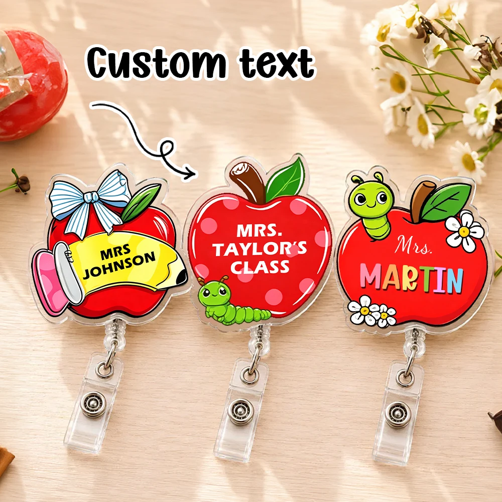 Customizable Apple Shape Teacher Badge Reel,Personalized Text 3 Styles Caterpillar Pencil Retractable ID Reel Clip,Office Decor