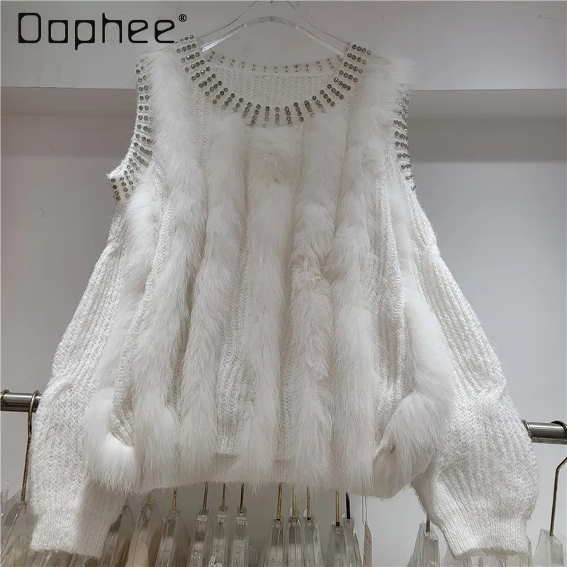 

Retro Heavy Embellished Off-Shoulder Elegant High-End White Sweater Women 2025 Autumn Winter Fashion Top Y2k Clothes Pullover