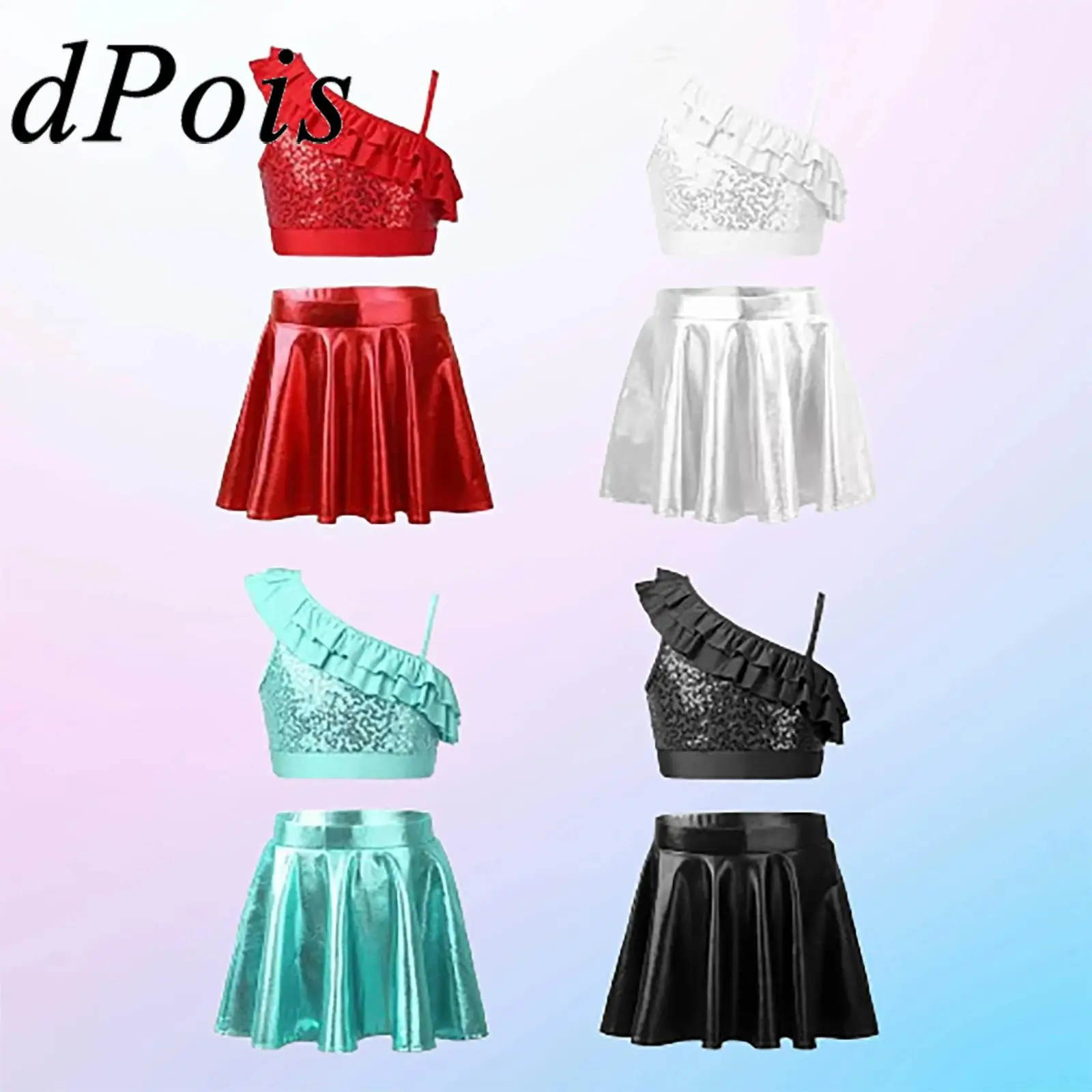 

Kids Girls Ballet Jazz Dance Outfit Two-Piece Teens Dancewear Sets Sequin Crop Top with Metallic Skirt Performance Costume