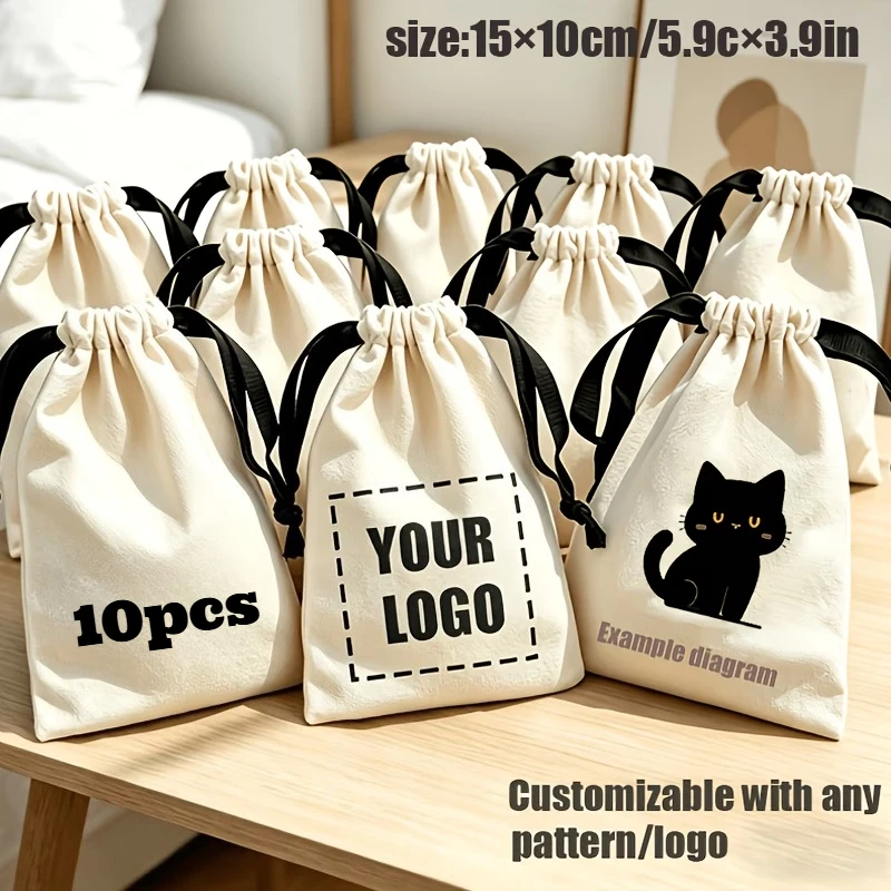 10Pcs Custom Print Logo Cotton Storage Bags with Black Drawstring Christmas Wedding Gifts Package Small Thick Canvas Pouches