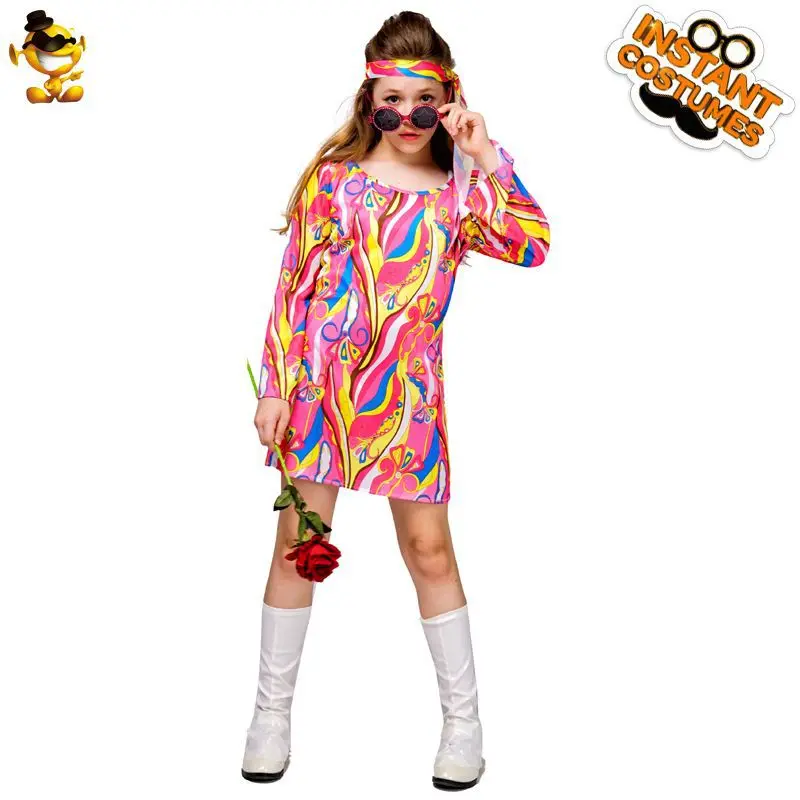 Menina criança retro hippie traje menina discoteca palco desempenho traje headbands vestidos cintos 3 pçs adereços cosplay