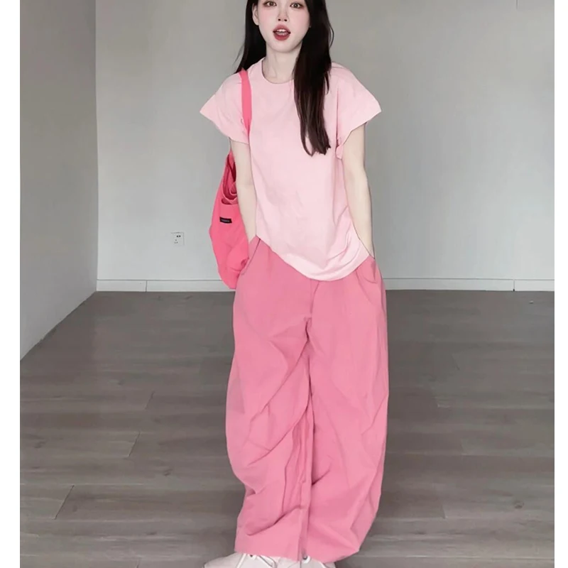 Summer New Women\'s Set Age Reducing Loose Sliming Lazy Style T-shirts and Elastic Waist Wide Leg Pants Two-piece Set for Women