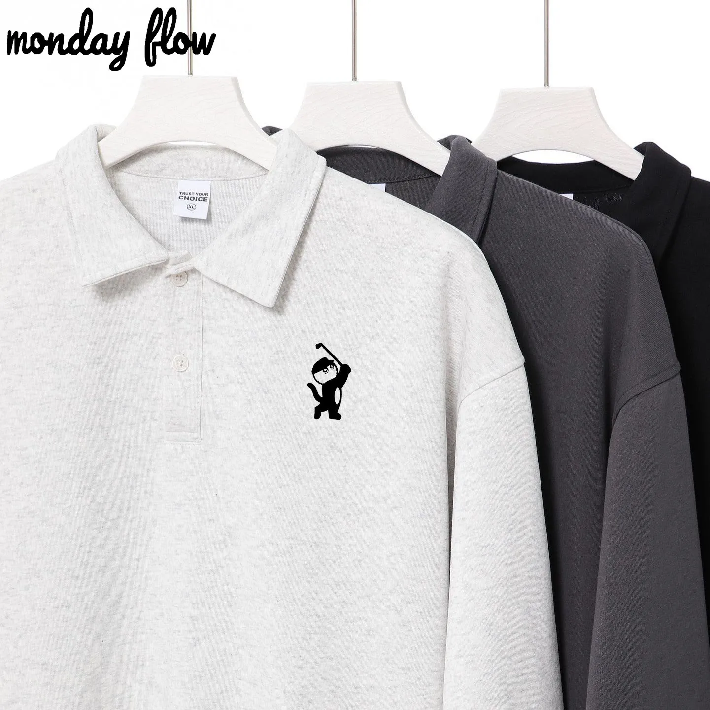 Monday Flow Spring Polo Neck Golf Sweatshirts for Men Quality Cotton Casual and Social Wear Mens New Golf Sweatshirts Pullover