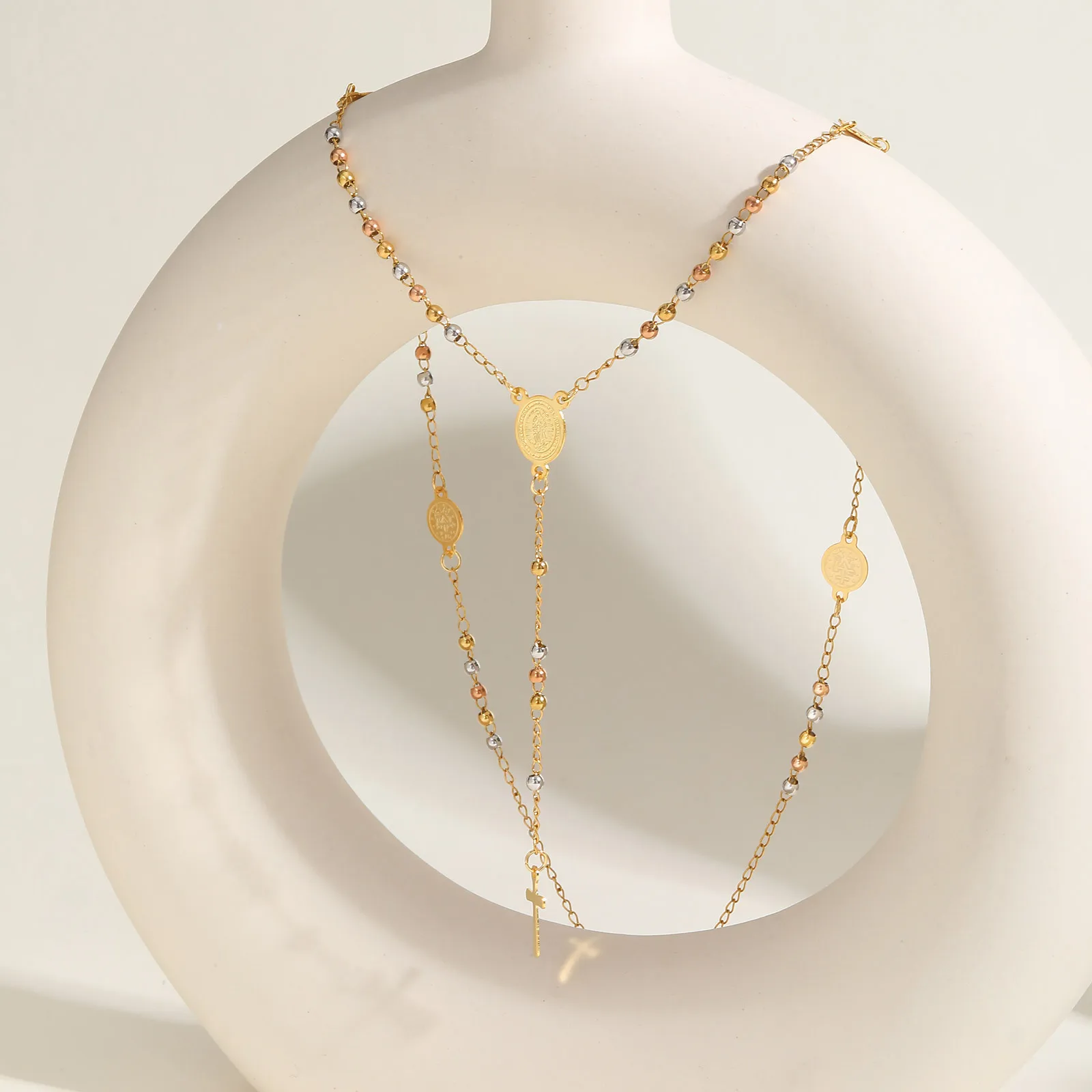 Vnox Stainless Steel Three Color Bead Y-shaped Necklace For Women,Virgin Mary Accessories Cross Pendent Religious Jewelry Gifts - Image 2