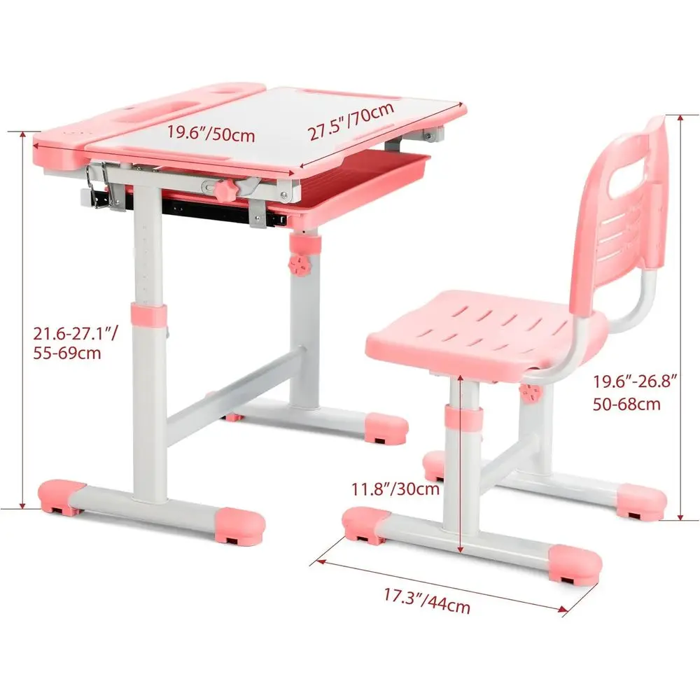 Scrivania da studio per bambini ad altezza regolabile con 55 °   Inclinazione, luce LED, cassetto e gancio, rosa