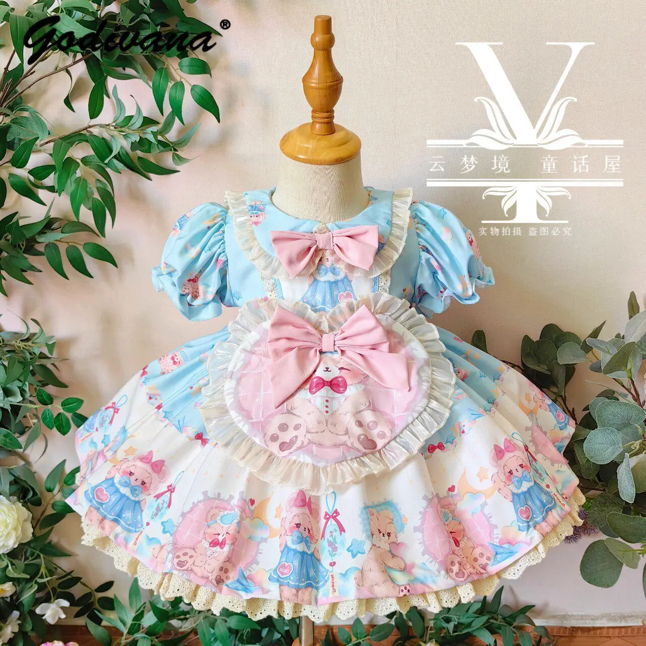 

Cute and Sweet Baby Girls 2026 Summer New Bubble Sleeve Lolita Maid Dress Kids High End Print Lace Trim Bow Princess Party Gown