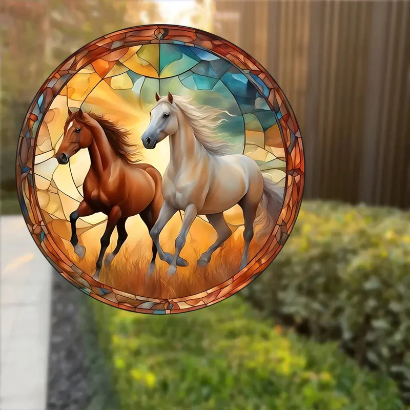 ملصق زجاجي ثابت التشبث ، ملصق نافذة لاصق مجاني ، فن تصادم التقاط أشعة الشمس ، ديكور المنزل-حصان #50