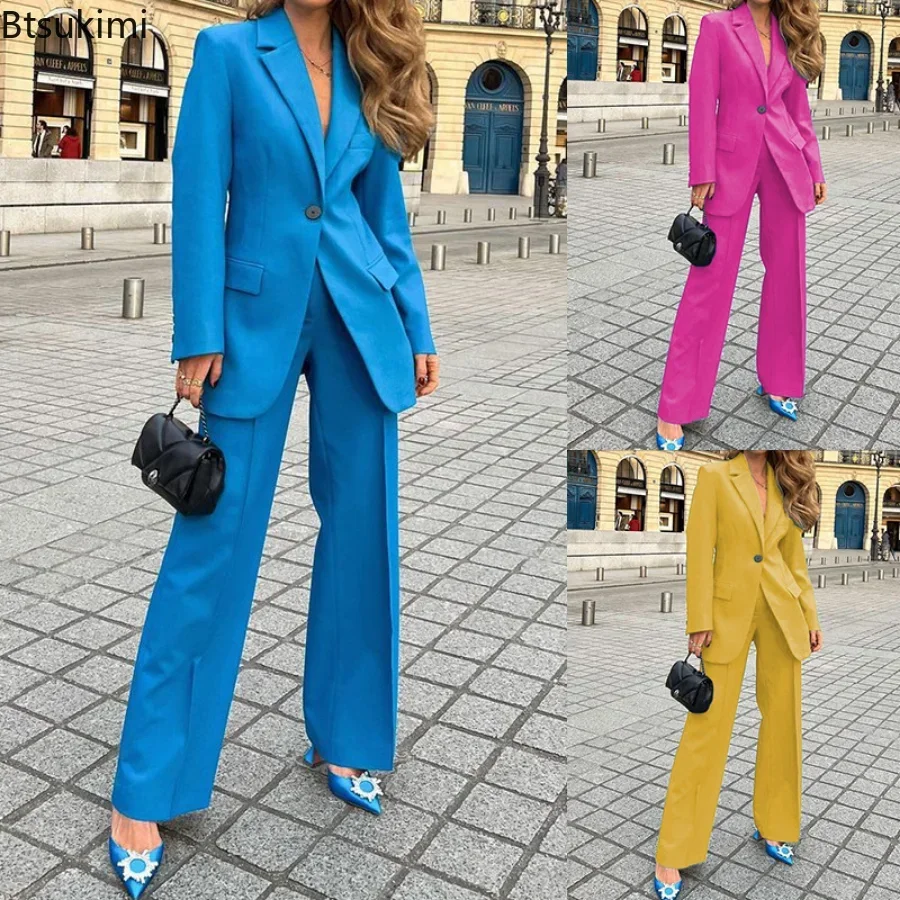 

2025 Women's 2PCS Formal Dress Sets Elegant Solid Long Sleeve Blazer Suits and Pants Business Office Two Piece Set Female Sets