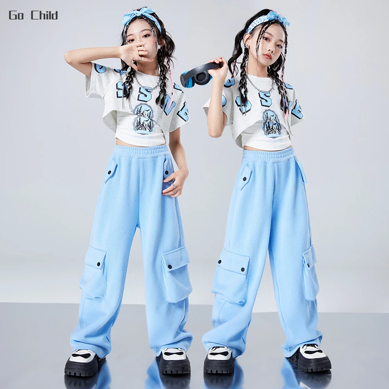 

Girls Hip Hop Crop Top Blue Cargo Pants Kids Printed T-shirt Street Dance Outfit Children Summer Streetwear Teenage Clothes Sets