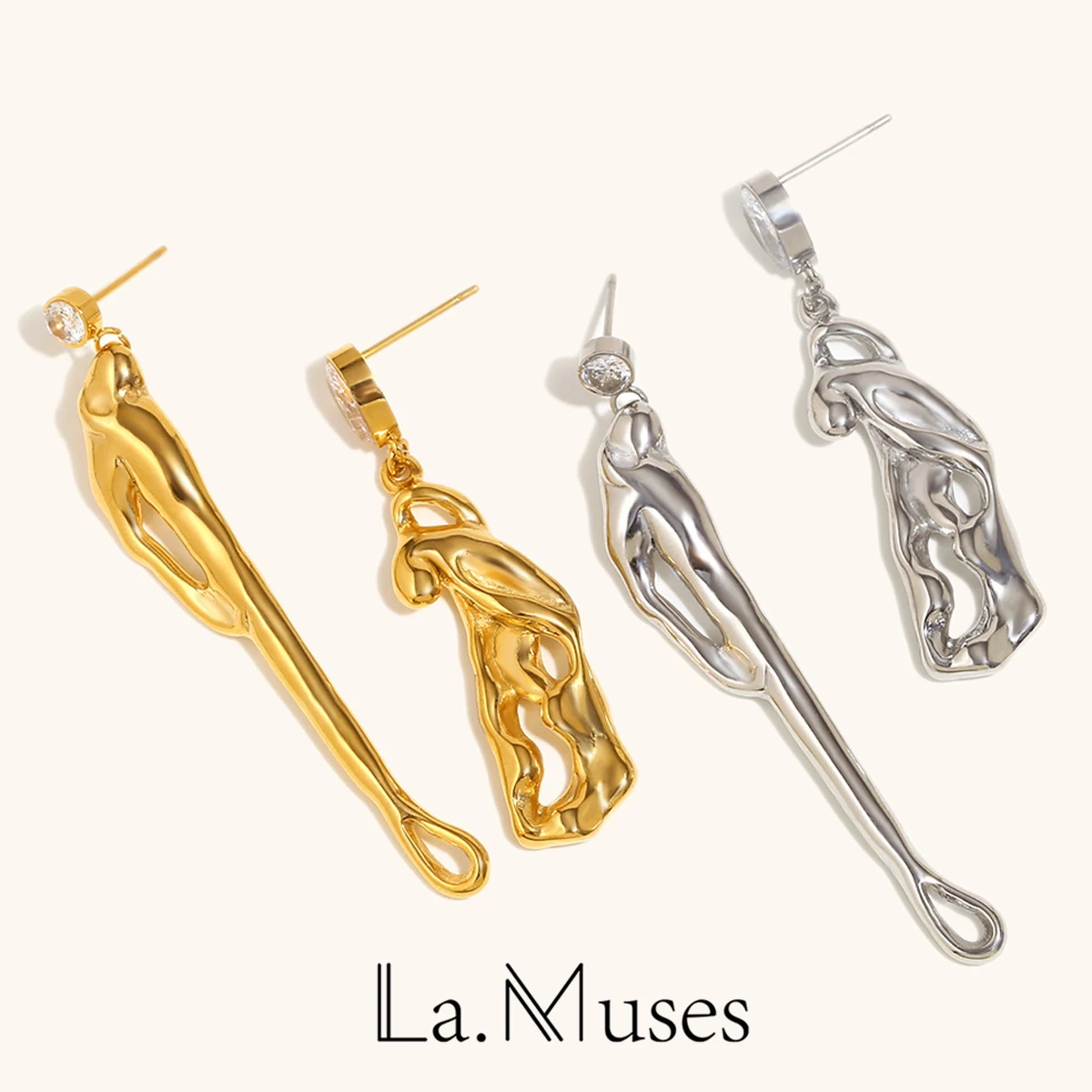 La. Muses Asymmetric Suction Art Design Stainless Steel Women's Earrings 18K PVD Gold-plated Fashionable Waterproof Jewelry Gift