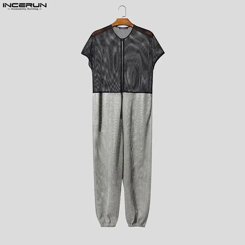 INCERUN Men's Jumpsuits Mesh Patchwork Color-block Zipper Rompers For Man Streetwear Loose 2026 Short Sleeve Fashion Overalls view 4