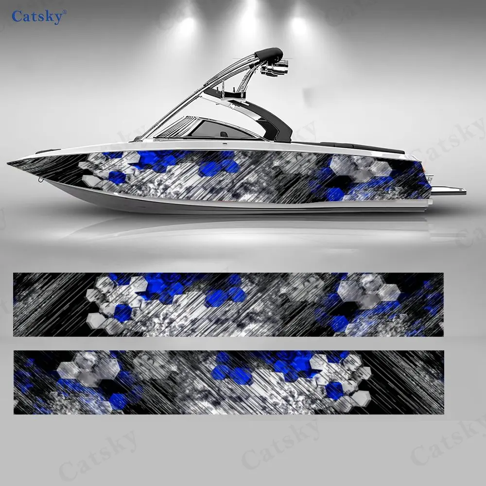

2Pcs Blue & White Honeycomb Splash Boat Stickers, PVC Waterproof Vinyl Wrap Decals for Fishing Boats, Durable and Stylish Design