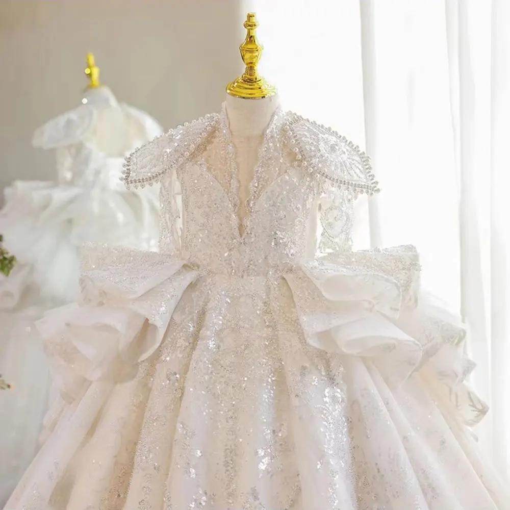 Jill Wish Luxury White Girl Dress Beaded Sequined Dubai Kids Princess Birthday Wedding Party First Communion Long Gown 2025 J213