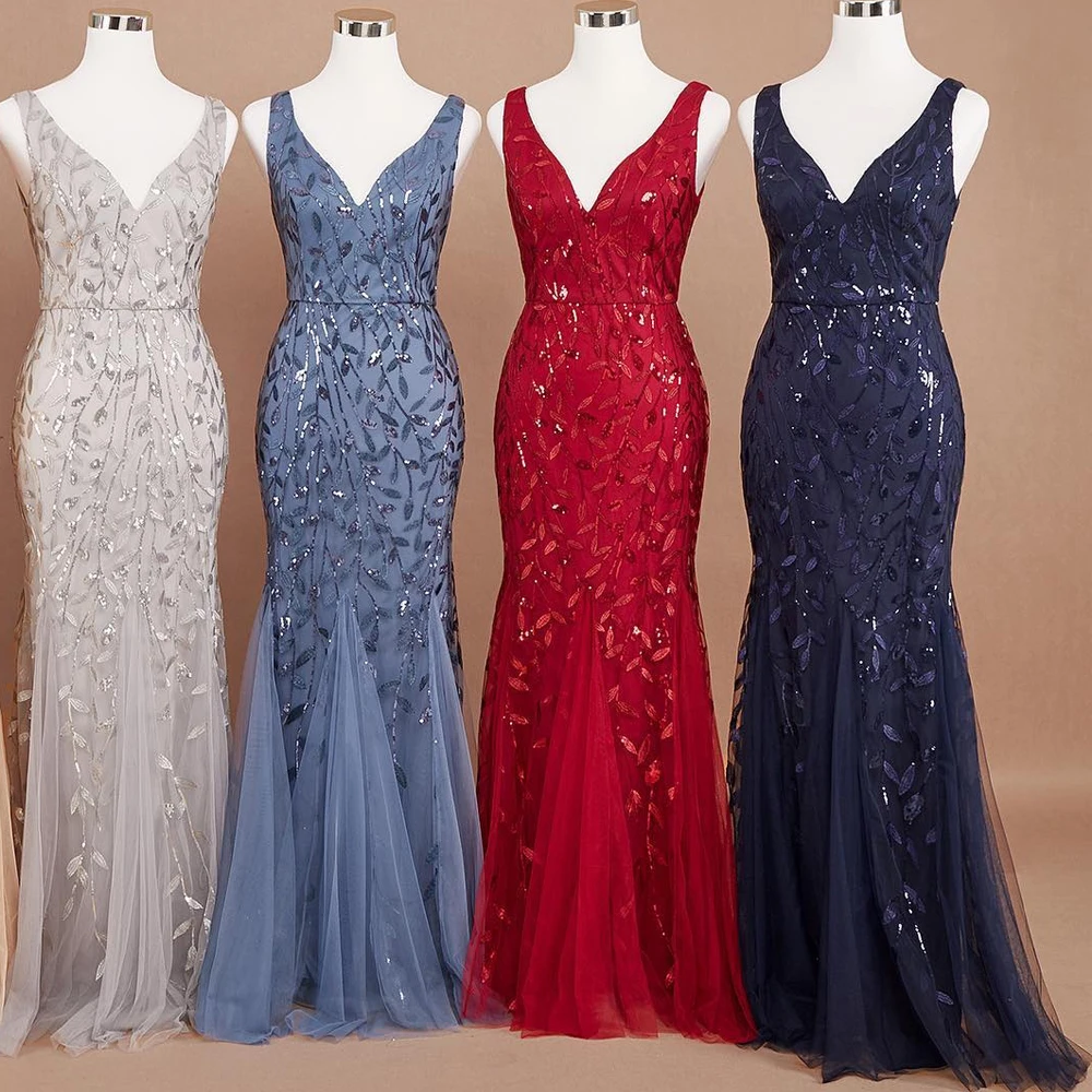 2023 JINZUO Sleeveless V-neck Tulle Sequins Cocktail Dresses V-back Mermaid Party Prom Gowns  Plus dresses woman party night