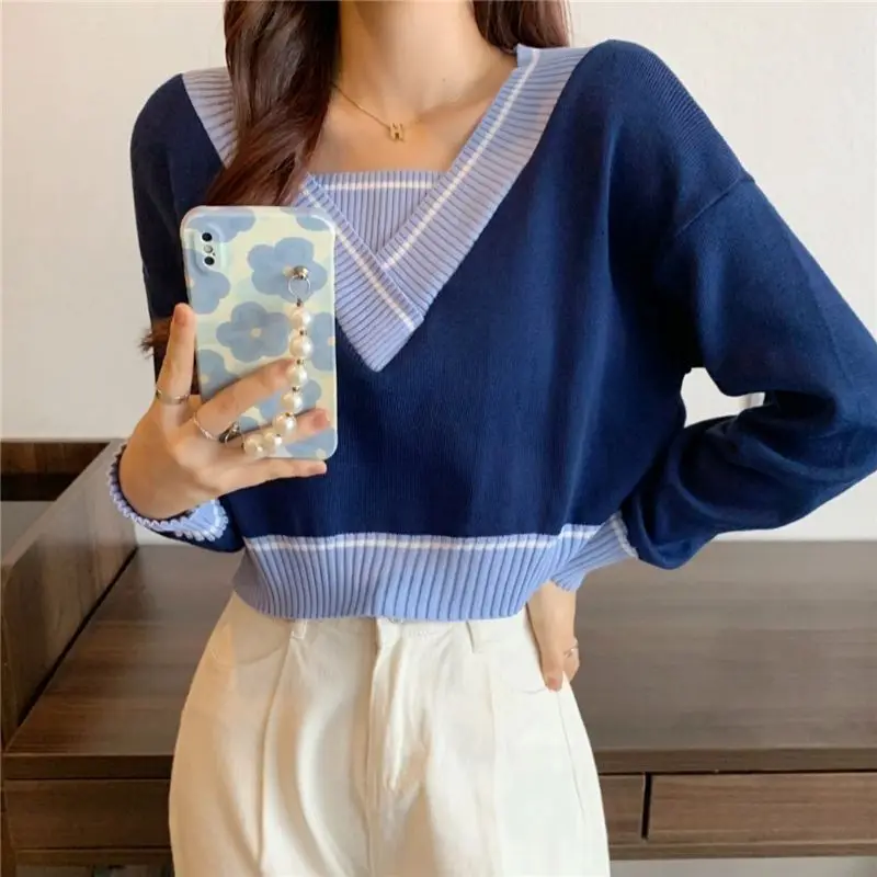 Women Autumn Korean Fashion Patchwork Loose V-neck Long Sleeve Knitwear Ladies Fashionable All-match Appear Thin Knitting Tops