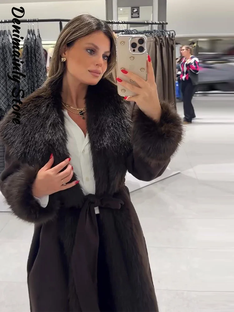 ファッションラグジュアリーフェイクファー付きロングトレンチコート レディース ベルト付き ラペル ストリート 暖かいオーバーコート 2025年冬 レディース 無地アウター 新作