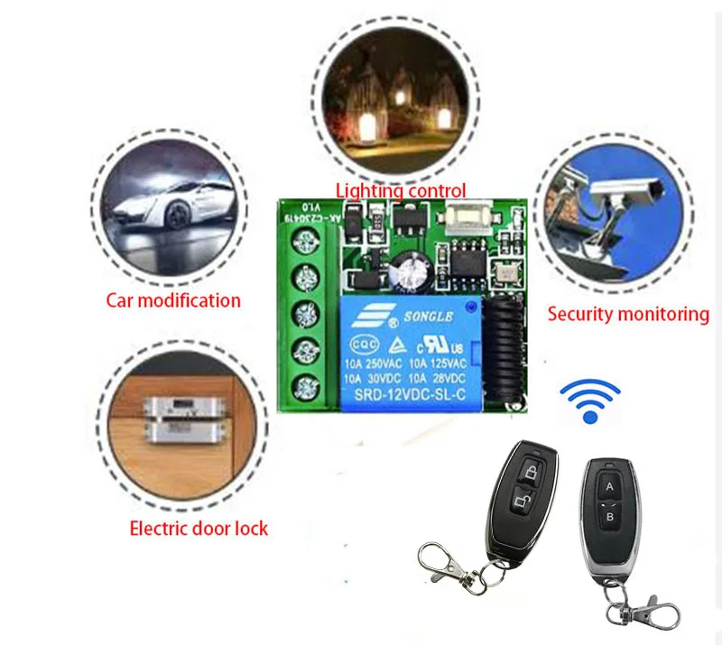 433 Mhz Universal Wireless Remote Control Switch DC 12V 1CH 10A Relay Receiver Module and RF Transmitter Electronic Lock Control