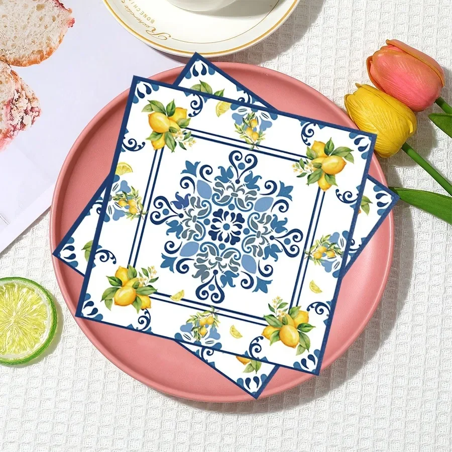 Tovagliolo usa e getta in porcellana di limone Tovagliette in carta stampata bianca blu per forniture per il layout del tavolo da pranzo per feste di matrimonio