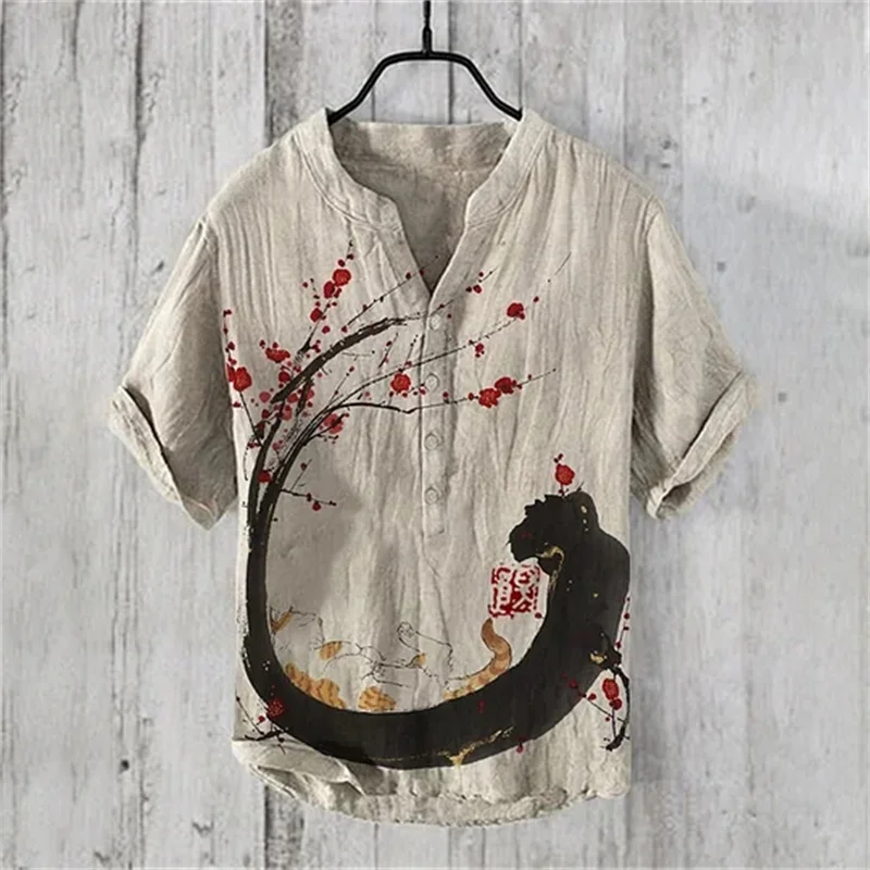 

New Fashion Men's Printed V-neck Short Sleeve Shirt Foreign Trade Fashion Casual Loose T-shirt Bamboo Linen Shirt Top