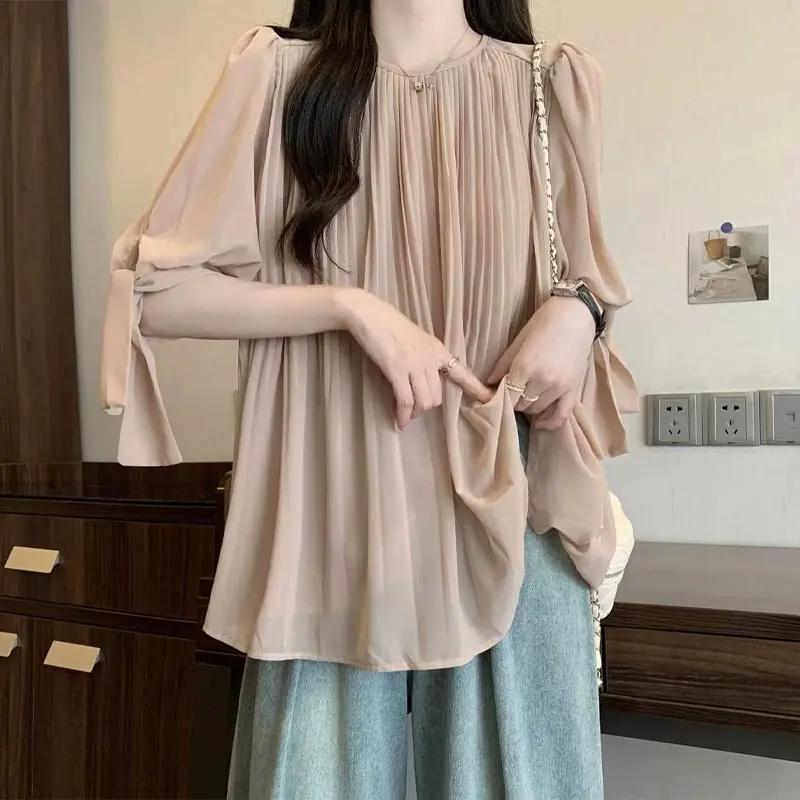 Casual 3/4 Sleeve Drawstring Shirt Women\'s Clothing Solid Color All-match 2024 Summer Fashion Pleated Korean Round Neck Blouse