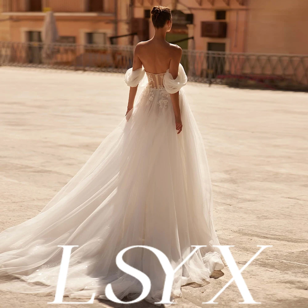 LSYX – robe de mariée personnalisée en Tulle, épaules dénudées, fente haute, décoration florale, Style romantique et élégant, Compatible avec les événements, détail exquis