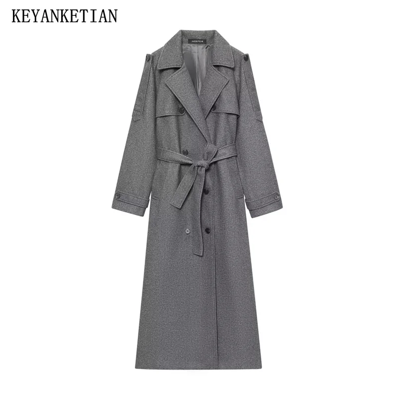 

KEYANKETIAN Autumn And Winter New Women's Woolen Double Breasted Shoulder Patch Long Lace up Woolen Coat Jacket Women