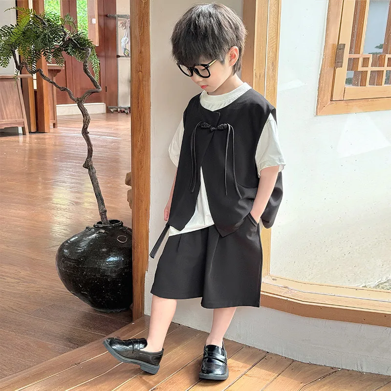 Baby Boy Clothes Suit Boys Summer Suit 2024 New Children's Summer Modified Waistcoat Shorts Boys Daily New Chinese 2-piece Set