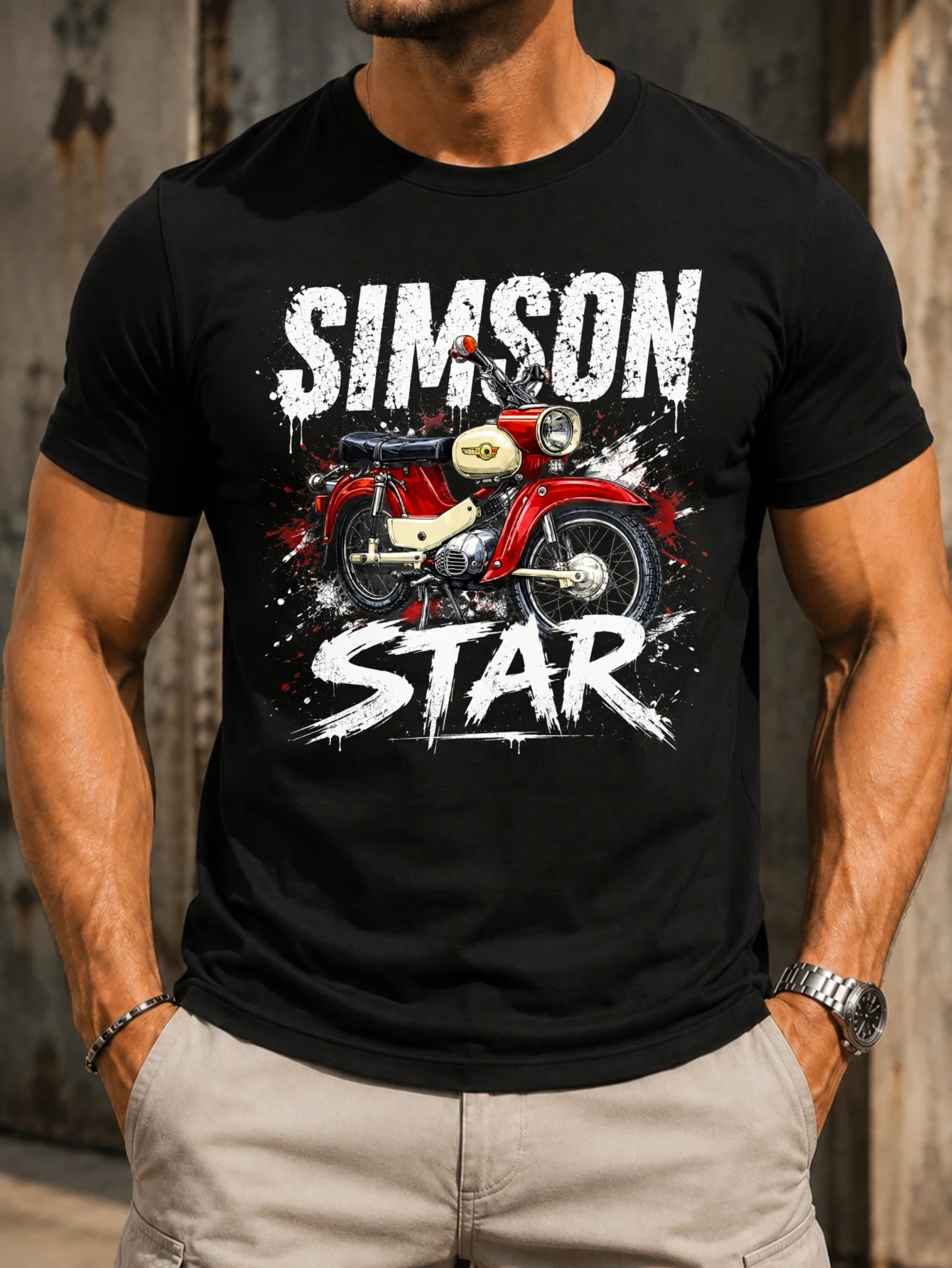 Simson Star red vintage moped with paint splatter rough  lettering and energetic classic ride art  Unisex All T-Shirt