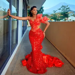 Aso Ebi Red Mermaid Prom Dresses Sleeveless Beads Sequins Appliques Plus Size Wedding Party Gowns Formal Evening Dress