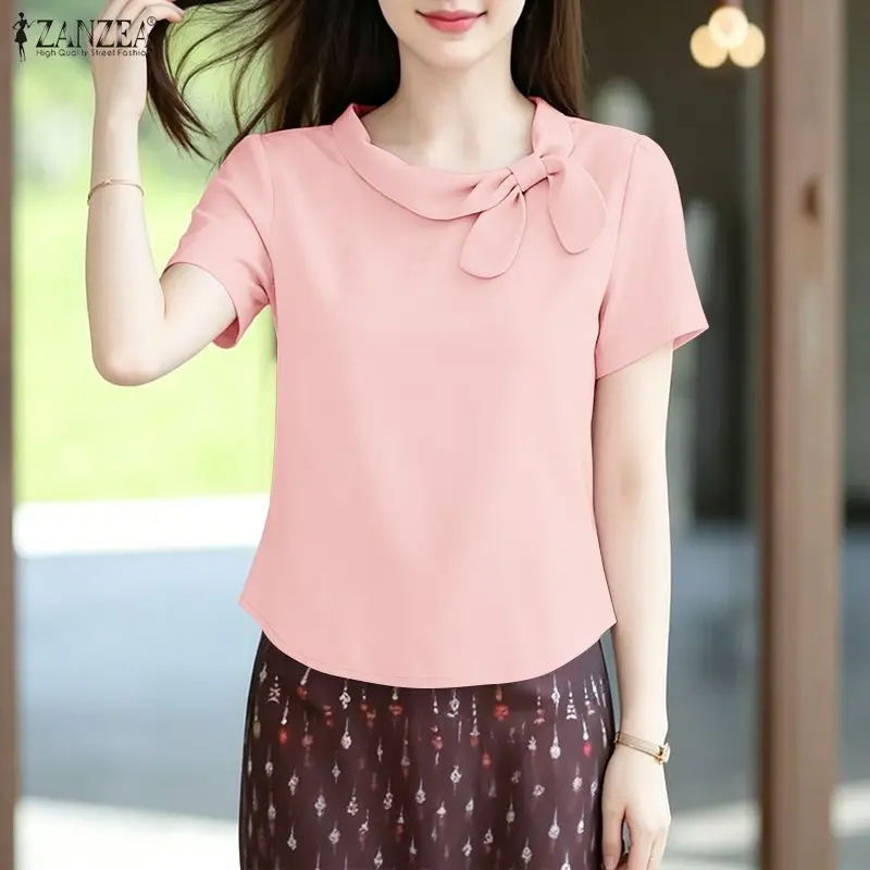 

Elegant Women OL Work Blouse 2026 ZANZEA Summer Office Shirt Stylish Short Sleeve Solid Bows Tops Tunic Casual O Neck Blusas