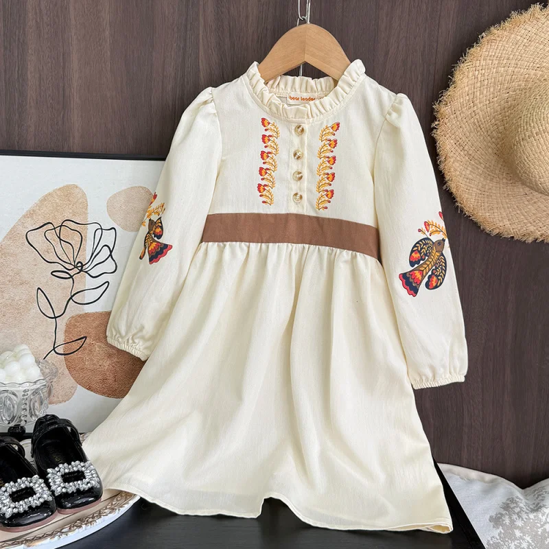 

Spring and Autumn Girls' Exquisite Embroidered Long Dress Children's Ethnic Style New Lace Round Neck Long Sleeve Dress