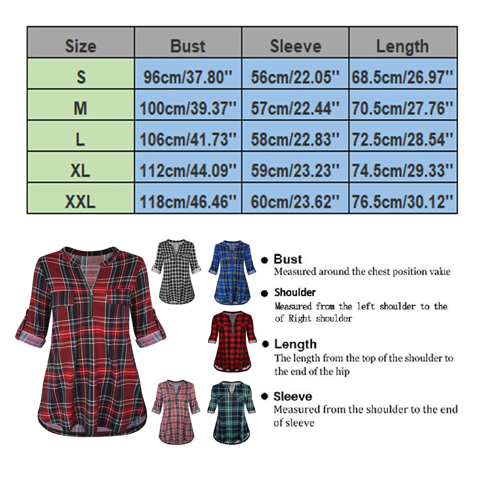 Womens Tunic Shirts Plaid Printed Blouses Casual Rolled Sleeve Zipped V-Neck Tunic Tops Blouse Ladies Spring Autumn Tops blusas