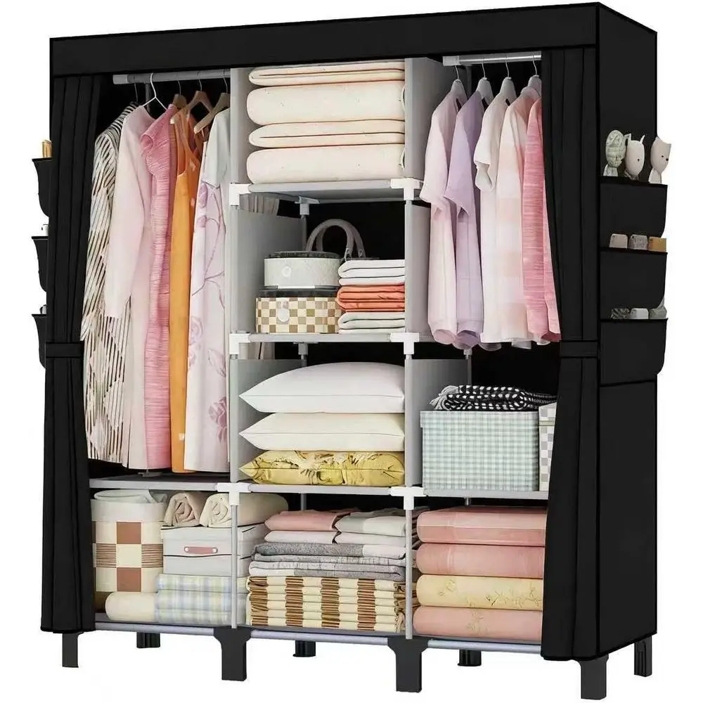Portable Wardrobe Clothes Organizer Easy Hanger Wardrobe Multiple Dividers 3 Drawers 6 Side Pockets Large Capacity Black