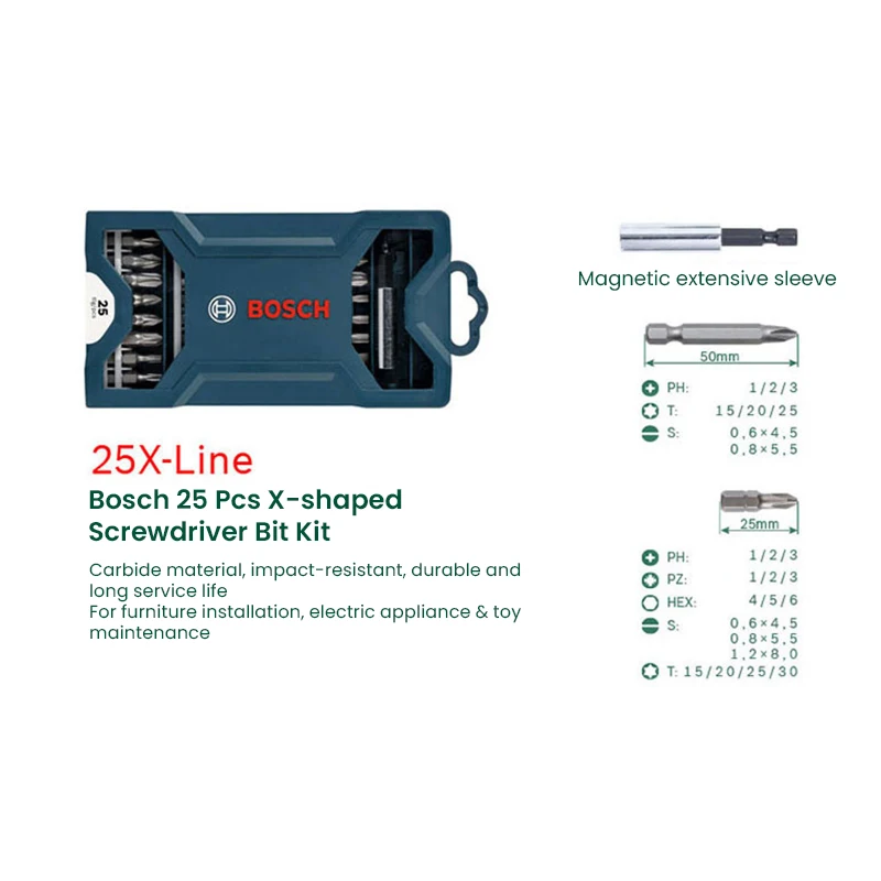 Zestaw wkrętaków Bosch 25 szt. Klucz udarowy o wysokiej twardości 25Mm 50Mm zestaw elektryczne końcówki śrubokrętów do elektronarzędzi