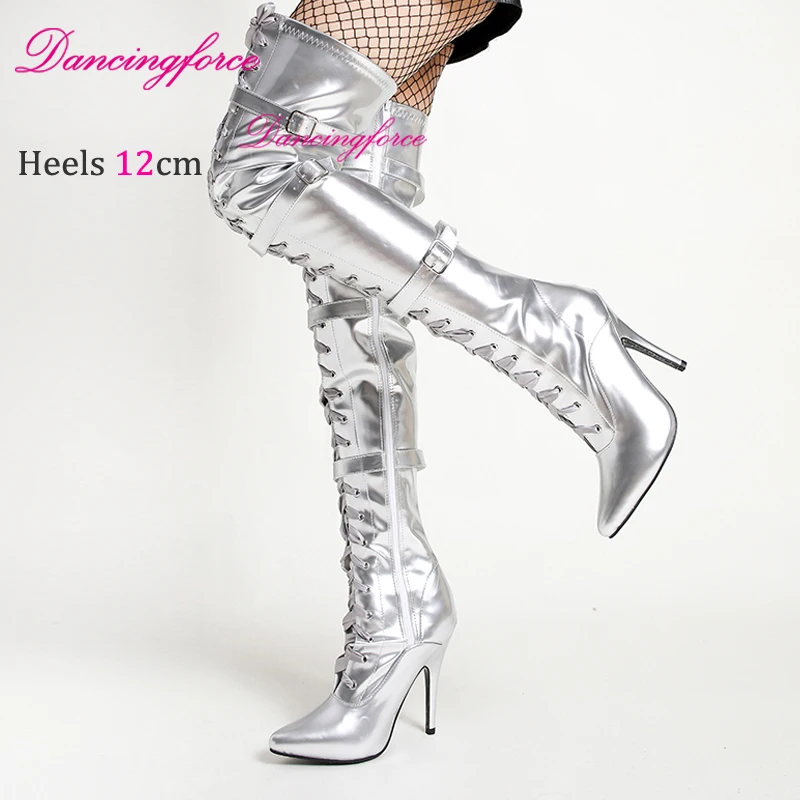 Dancingforce Silver Sexy Over the Knee Long Boots Pole Dance Model Show Club Party Shoes Thigh High Boots Female