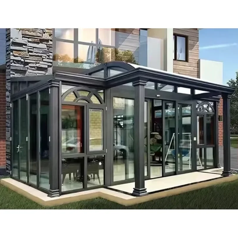 Four Seasons Clear Prefabricated Outdoor Porch Villa with Foldable Glass Sunroom Polygon Roof Sun Garden & Patio Use