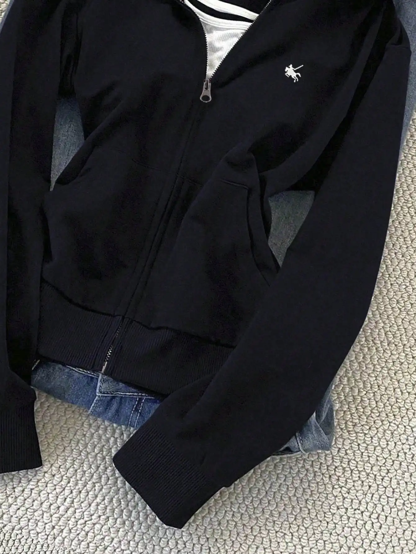 Women's Slim Fit Zip-Up Hoodie with Embroidered Horse Logo, Casual Streetwear Sweatshirt Jacket