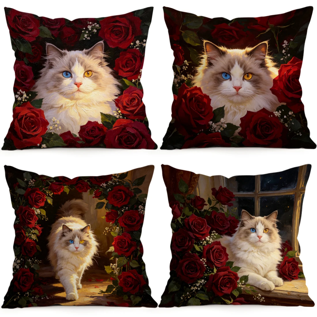 Red Rose Cat Pillowcase Printed Polyester 40/45/50cm Throw Pillowcover Decorative Sofa Cushion Pillowslip Home Decor