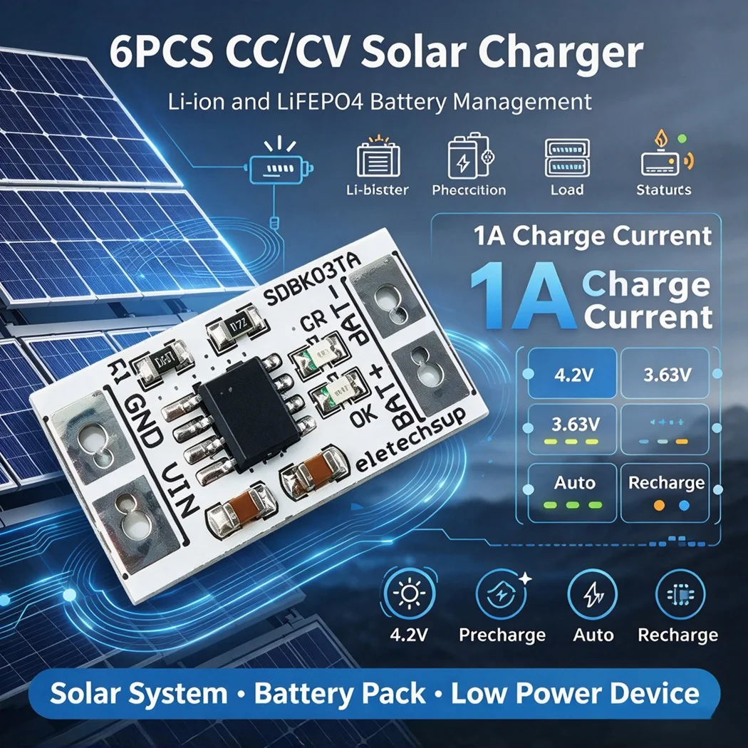 6PCS Solar Battery Charger Module 1A CC CV 4.2V Li-ion /3.63V LiFePO4 DC4.4-6V Input Charge Management Board
