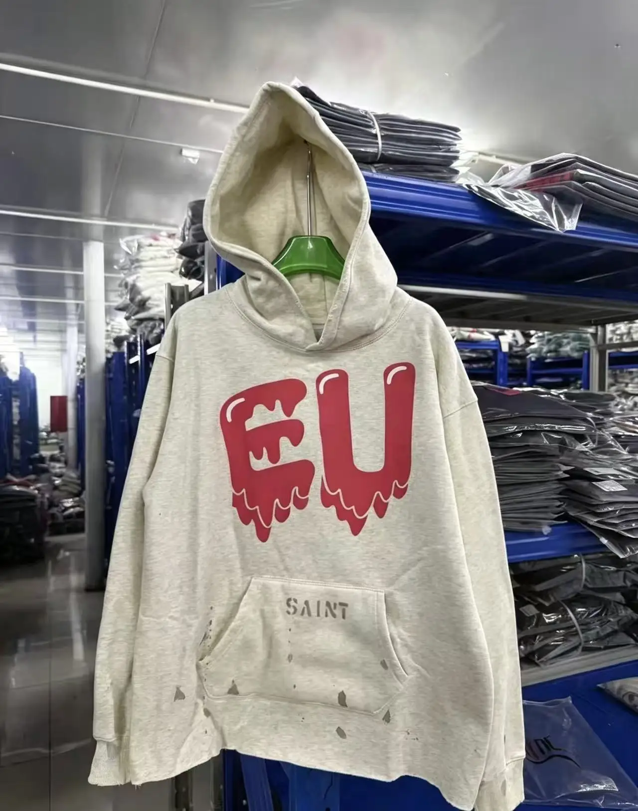 New Luxury Men Heart SAINT EU Washed Grey Ripped Hoodies Hoody hooded Sweatshirts velvet Cotton Thick Fleece US Pullovers A143
