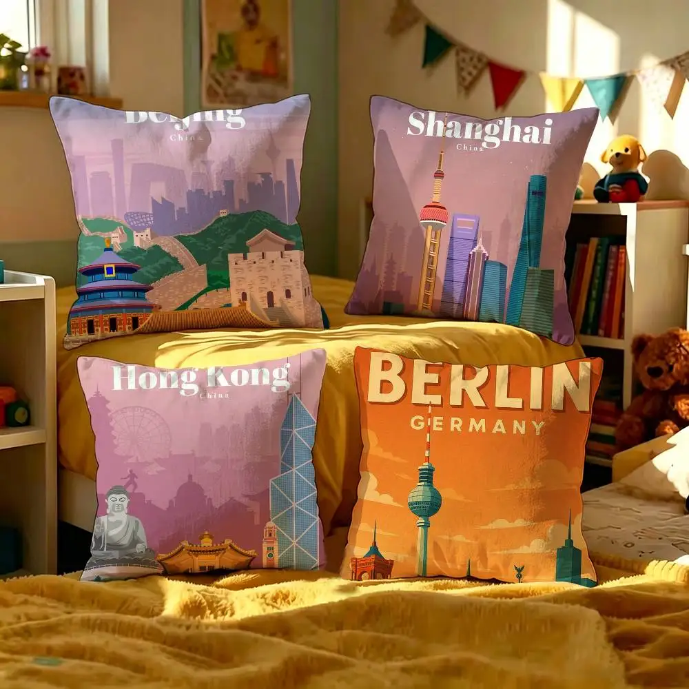 World Famous Tourist Cities Pillow Covers Cartoon Sofa Decorative Home Double-sided Printing Short Plush Cute Cushion Cover