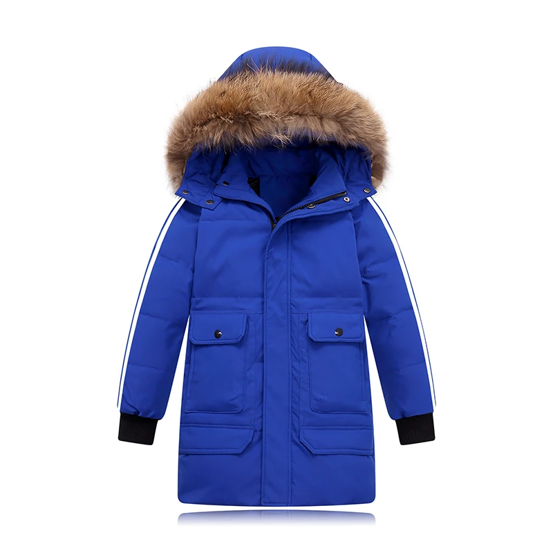 

Boys Medium Length Down Jacket Blue Red Black Baby Thickened Coat Big Childrens Kids Fur Collar Hooded Jacket Clothes Winter