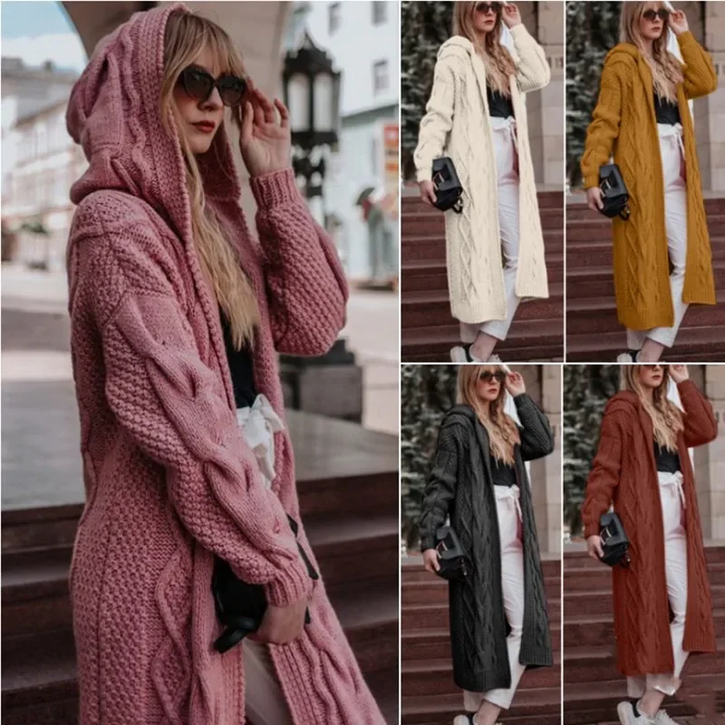 Cropped Cardigan Women Fall/Winter 2024 Solid Color Hooded Long Cardigan Jacket Women Twist Sweatershirts Knitwear