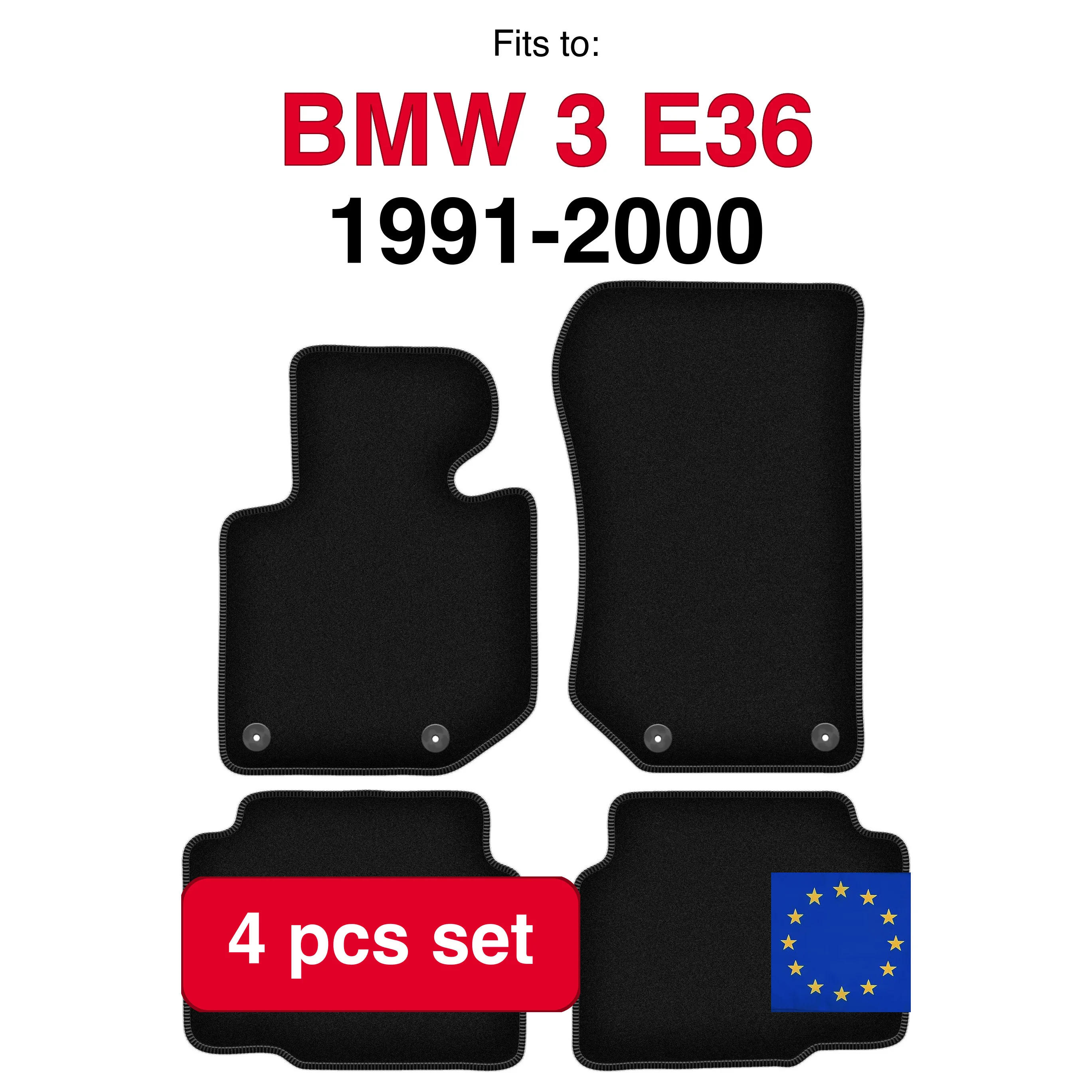 Image of Veloursteppich-Set für BMW 3 E36 Compact Coupe Sedan Station Wagon Touring (1991-2000) - Schwarz (4 Stück) passgenaues Auto-Fußmatten-Set