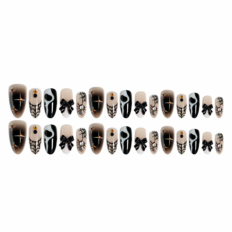 30 Stück Gradient Schwarz Halloween Künstliche Nägel Horror Geist Spinnennetz 3D Schleifen Dekor Aufklebenägel Dunkle Mandelform Party Falsche Nägel – Detail 6