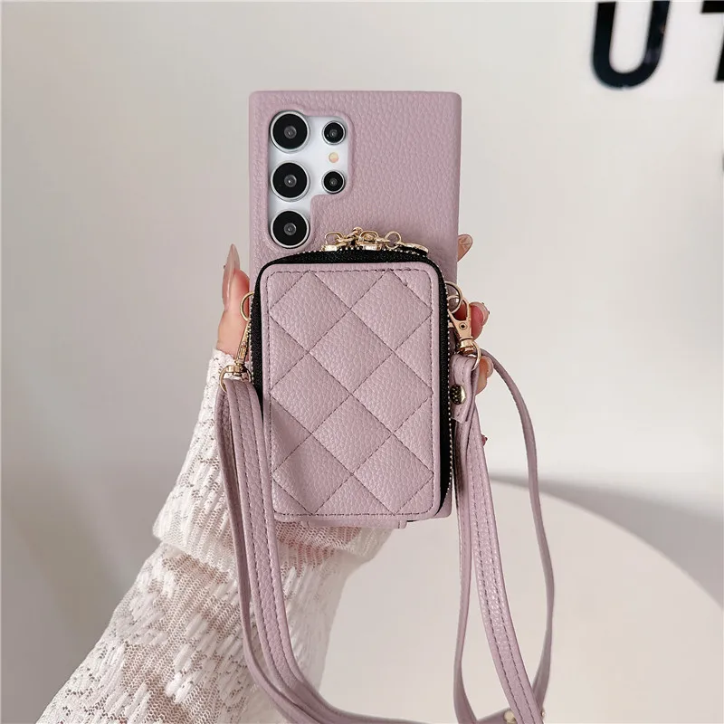 Crossbody Bag Lichee Pattern Wallet Phone Holder Zipper Case for Samsung S24 Ultra S23 Plus S22 A35 15 25 A54 14 24 34 53 13 33